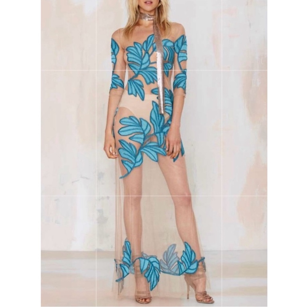 FOR LOVE & LEMONS X NASTY GAL Sheer Nude Dress with Turquoise Flowers, Size Med